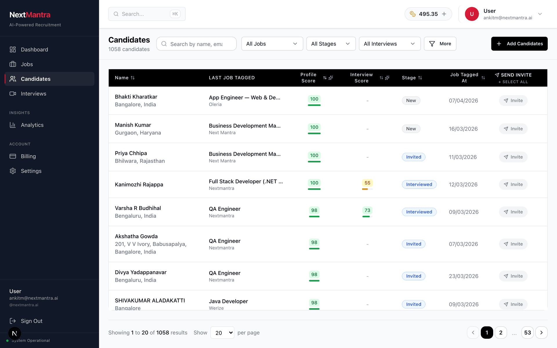 NextMantra candidate list with AI profile scores, ranked by match