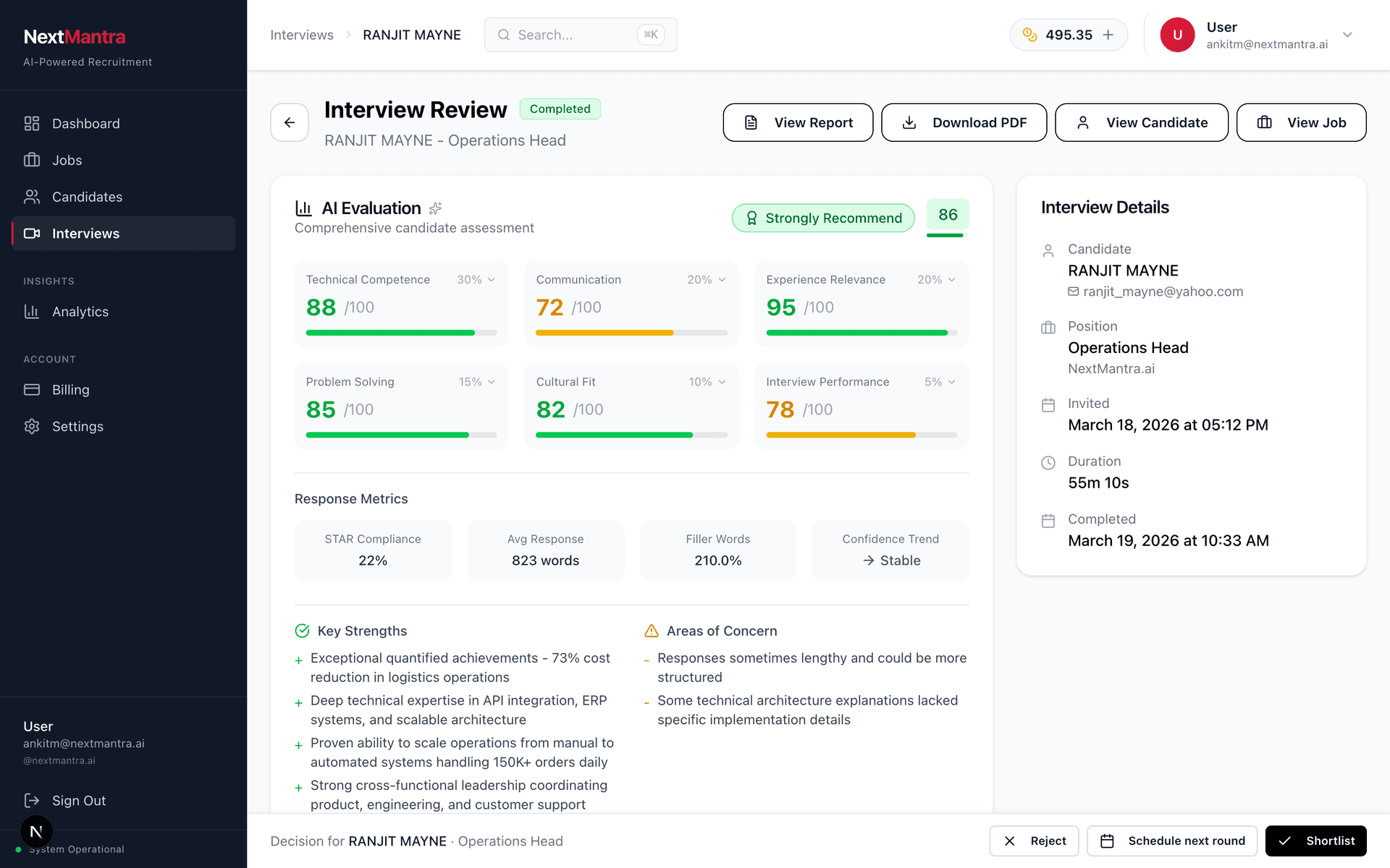 NextMantra AI interview evaluation: 6-dimension scoring, strengths, concerns, and Strongly Recommend verdict